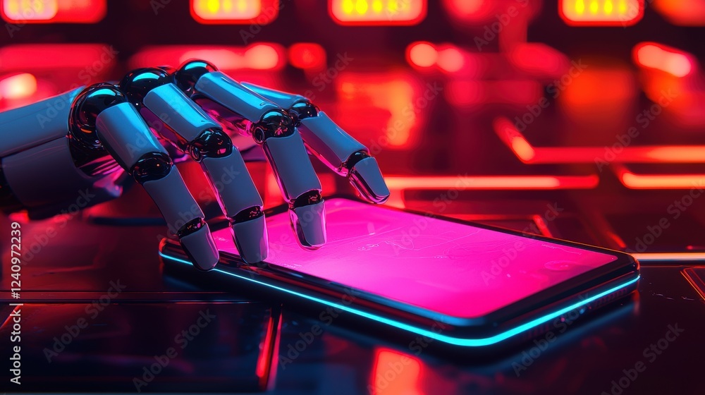 Poster advanced robot hand interacting with smartphone in vibrant neon environment