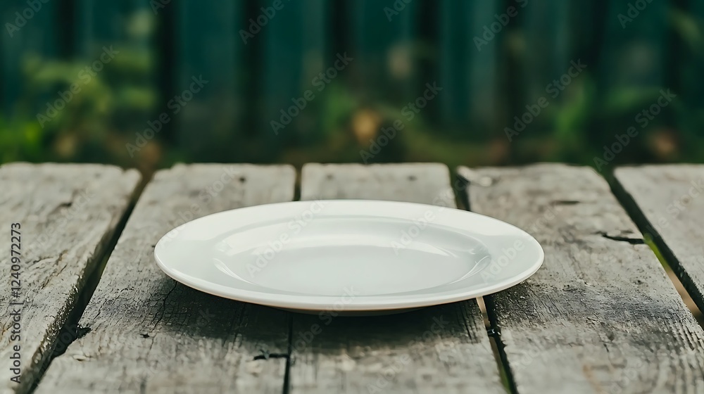 Poster a simple white plate rests on a rustic wooden table, surrounded by greenery, creating a serene and i