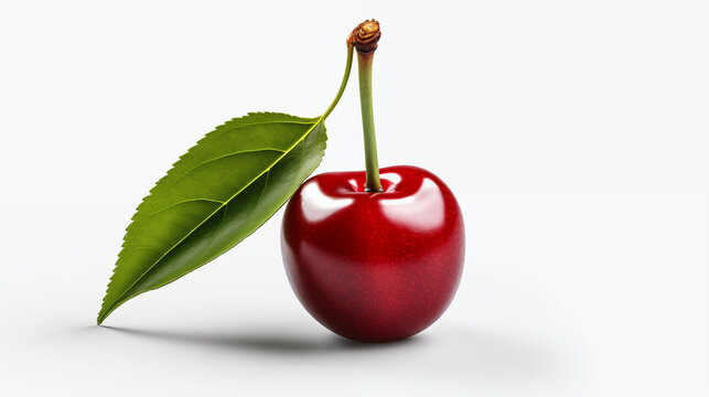 Fresh Red Cherry with Leaf on a White Background