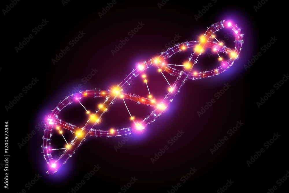 Poster abstract digital illustration of bioluminescent strand connected by dots and lines against a dark ba