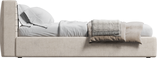 Side view of double bed with headboard and blanket