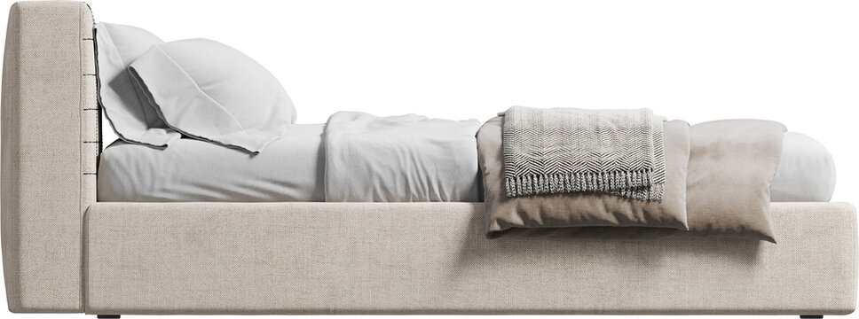 Side view of double bed with headboard and blanket