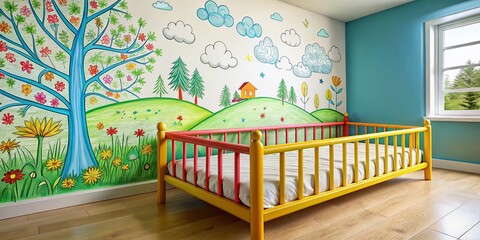 Child's Bed Rail Safety Sign: Cute Doodle Sketch Landscape Photo