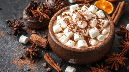 Fototapeta premium A cozy bowl of hot chocolate topped with marshmallows, surrounded by spices, orange slices, and chocolate cake, perfect for a warm treat.