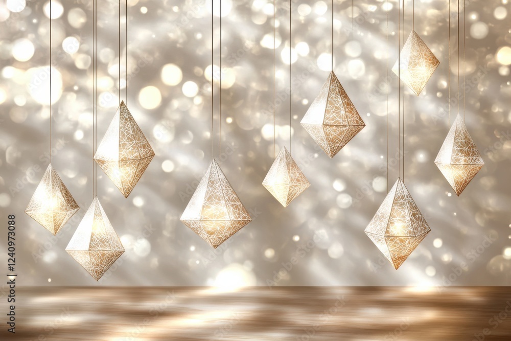 Poster geometric shapes connected by thin lines illuminated with warm golden lighting set against a transpa