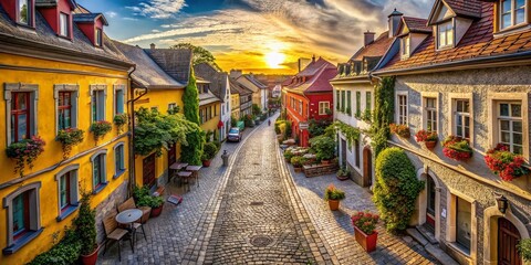 Fototapeta premium Aerial View of Charming Old Town Street, Cobblestone Road, Historic Architecture, Drone Photography