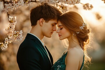 A couple in love embraces under a blooming cherry tree, bathed in the golden light of sunset.
