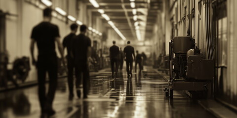 Workers in a hallway of a factory or plant, early days. monochrome age.
