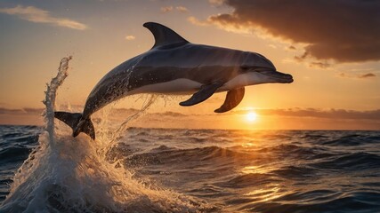 Fototapeta premium Dolphin leaping out of the ocean at sunset, with waves crashing and a colorful sky in the background