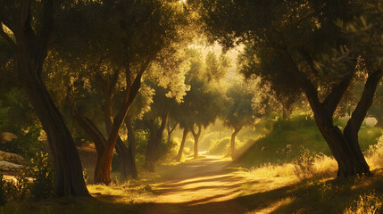 Obraz premium A photo of an olive grove with soft sunlight and earthy shadows.