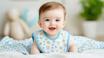Fototapeta premium Happy baby boy tummy time, nursery background