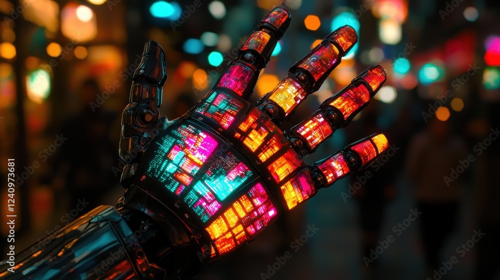 Aufkleber futuristic robot hand creating holographic display in urban setting with neon lights and vibrant col