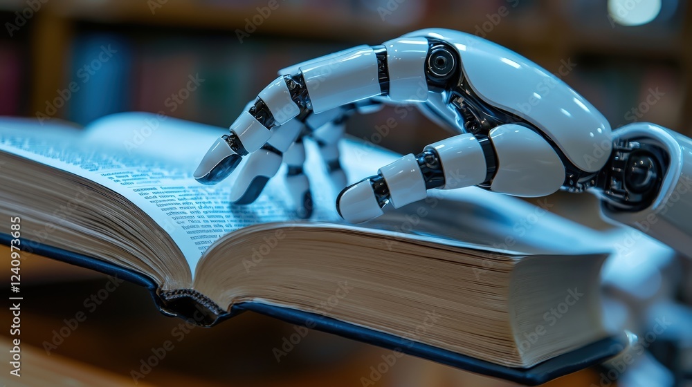 Aufkleber futuristic robot hand holding open book in library setting showcasing advanced artificial intelligen