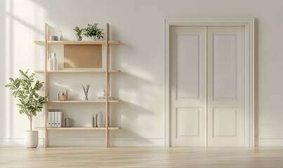 Fototapeta premium Modern minimalist living room interior design with light wood shelving, plants, and a white paneled door. Perfect for home decor blogs, real estate listings, and interior design magazines.