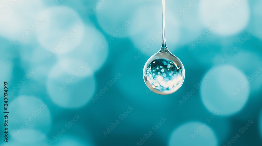 Poster a sparkling water droplet hangs delicately against a soft blue background, creating a serene and cap