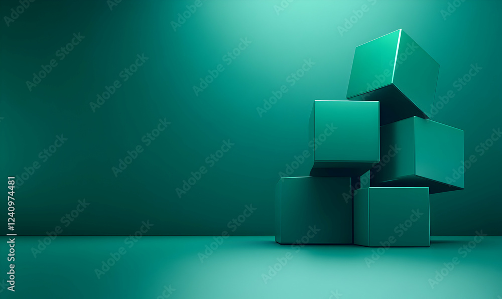 Poster abstract image of teal green cubes stacked against a dark teal background. ideal for modern design p