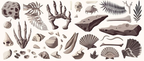 A collection of ancient fossils and artefacts, including bones, shells and plants, ideal for educational projects, museum displays or themed designs related to palaeontology and archaeology.