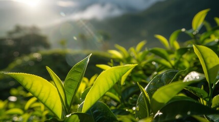 Fototapeta premium Sunlight breaks through the green tea leaves against the backdrop of the mountains, creating a calming atmosphere suitable for advertising organic products or tourist brochures.