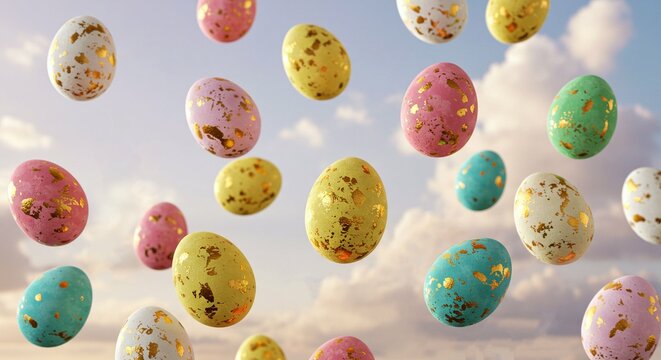 Different pastel color easter eggs with golden pattern levitating or flying in cloudy sky. Happy Easter! Orthodox easter celebration. Banner, greeting card. Painted eggs on the sky with cozy clouds.  - Powered by Adobe