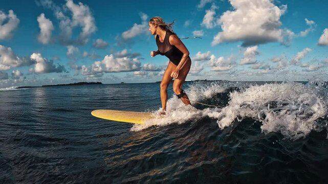 Surfer woman rides an ocean wave on longboard on a sunny day