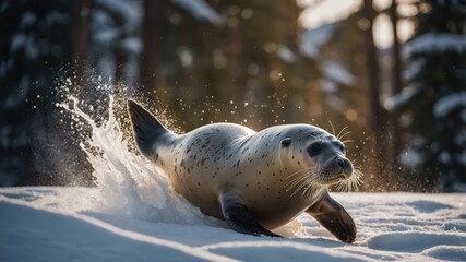 A playful seal splashes through fresh snow in a serene winter forest, capturing a joyful moment