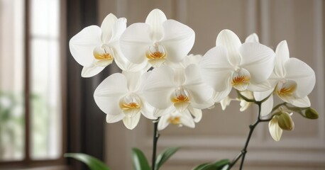 White orchid in full bloom with soft blurred background, botanical, background, flora, full bloom