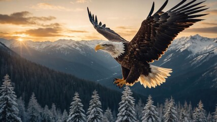 Fototapeta premium Majestic eagle soaring over snow-capped mountains at sunset, capturing nature's beauty