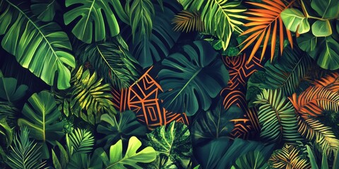 Lush Tropical Foliage with Geometric Abstract Design