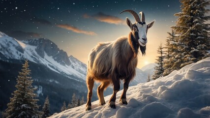 Obraz premium Majestic goat standing on snowy mountain landscape with sunset and pine trees in the background