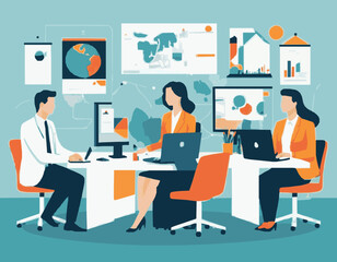 Group Collaboration in Modern Workplace - Vector Graphic