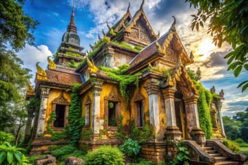 Fototapeta premium Abandoned Wat Phikhun Thong: a Bangkok temple's haunting beauty captured in stunning photography.