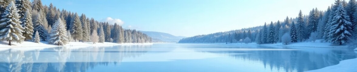 Fototapeta premium A frozen lake with surrounding evergreen trees and a clear blue sky, frozen lake, serene landscape, frozen water