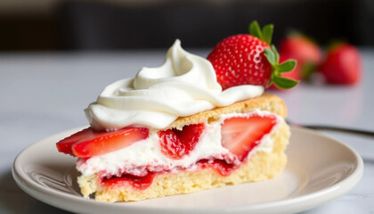 a close-up of a slice of strawberry shortcake with whipped cream