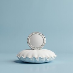 A solitary silver medal sits atop a white cushion on a plain background, metallic, empty