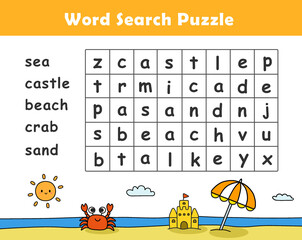 Summer Word Search Puzzle for Kids. Word game with cute summer illustration. Find the Hidden Words. Learning words for children.	