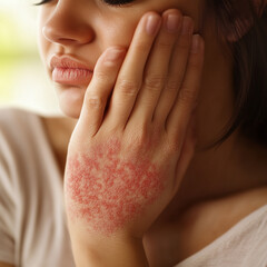 Close-up of Person Scratching Red, Irritated Skin on Arm with Dryness and Inflammation