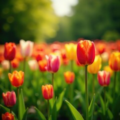 Fototapeta premium Colorful tulips and flowers in a serene garden, petal, colorful