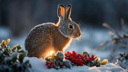 Obraz premium A serene winter scene featuring a rabbit amidst snow-covered holly and berries at dusk