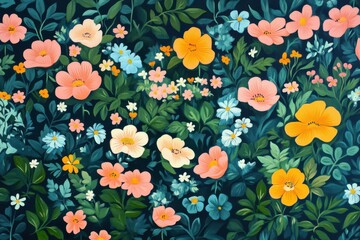 Vibrant floral painting with peach, yellow, and blue flowers.