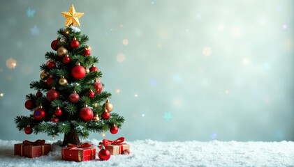 Obraz premium Decorated Christmas tree with festive ornaments, snowflake, red