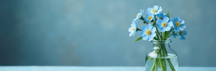 Fototapeta premium delicate blue forget me not flowers in a glass vase, flowers, wildflowers, vase