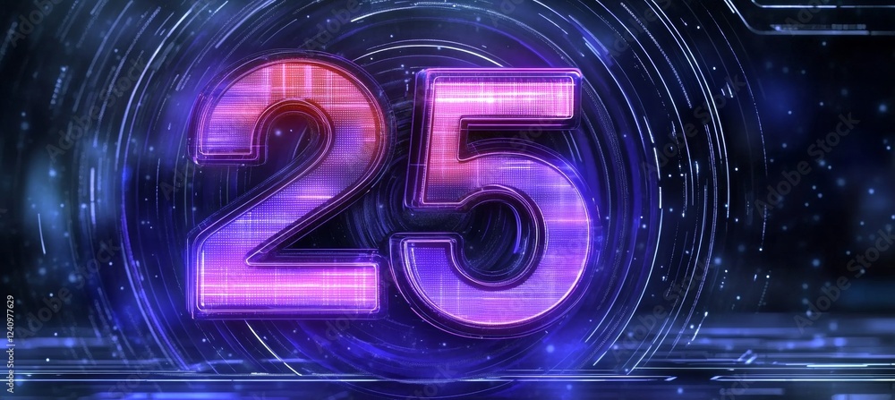 Poster glowing digital single big 3d number 25 in futuristic style on digital abstract background