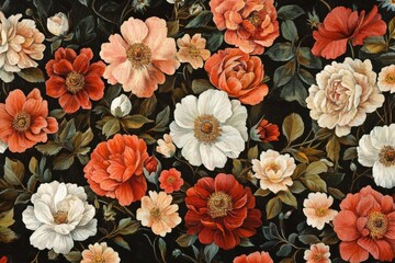 Vibrant floral painting in rich reds & whites.