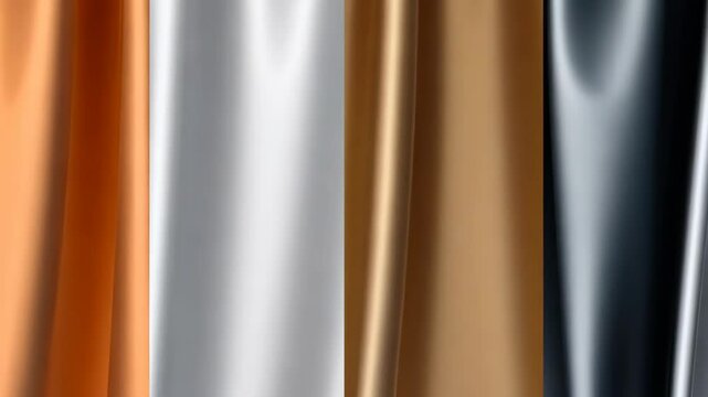 Set of four different colored fabrics, including black, gold, and silver. The fabrics are arranged in a row, with the black fabric on the left and the gold and silver fabrics on the right