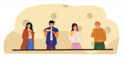 Group of friends enjoying cheese snacks, savoring different delicacies. Diverse individuals tasting gourmet treats highlighting the joy of food and companionship. Cartoon People Vector Illustration 