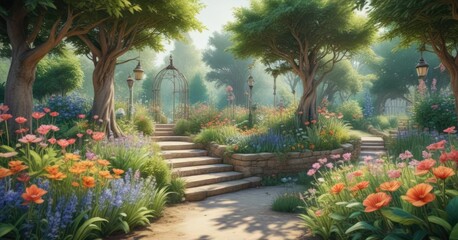 Obraz premium Whimsical watercolor artwork of a whimsical garden scene, soft strokes, blend, watercolor, nature