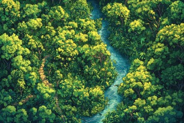 Lush Green Forest Path Beside a Winding River