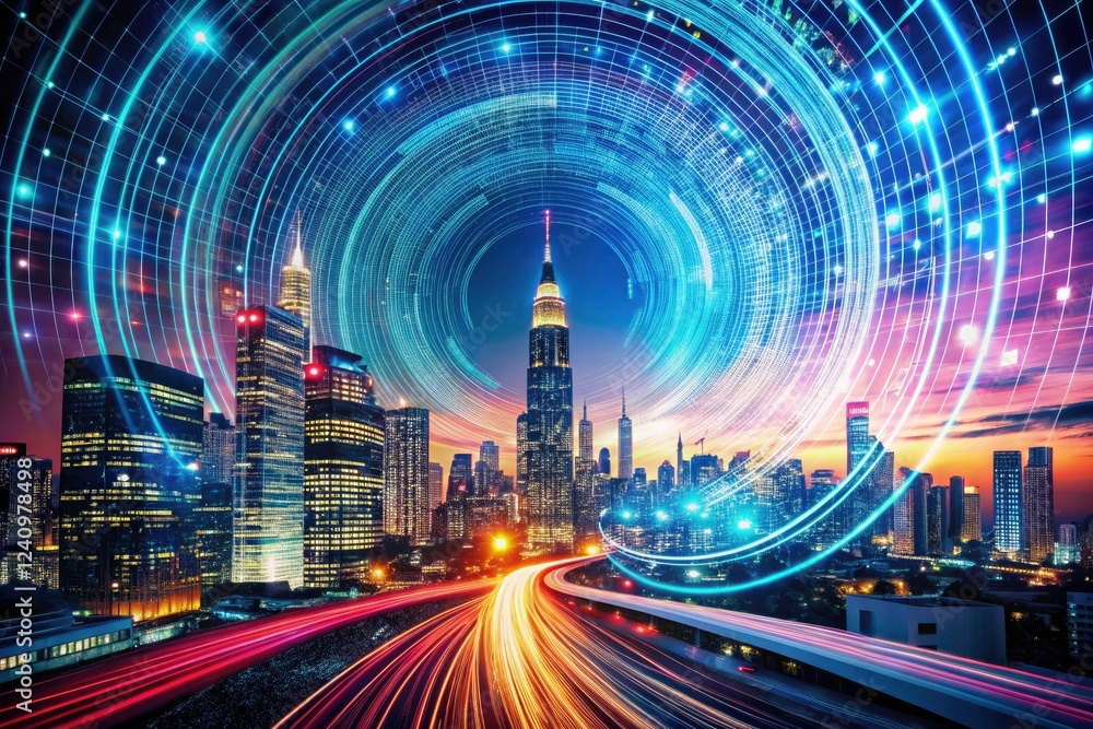 Poster abstract data flow visualized: ai-generated, double-exposed imagery blends futuristic tech, binary c