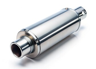 Tilt-shift photo of silver exhaust pipes against a white backdrop.