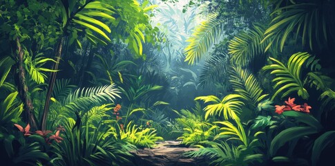 Fototapeta premium Lush Tropical Rainforest Path Sunlight Dappled Greens